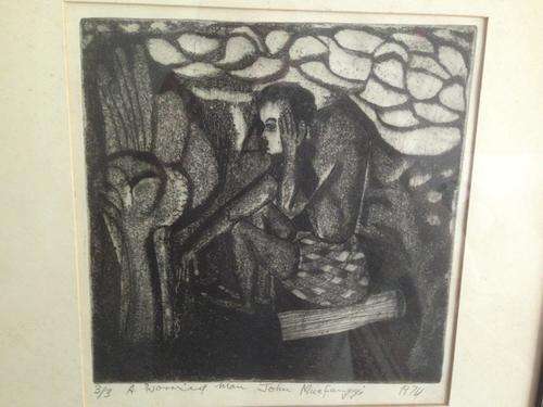 STUNNING JOHN MUAFANGEJO LINOCUT THE WORRIED MAN 3/3 (VALUE R10 000 TO R15 000)