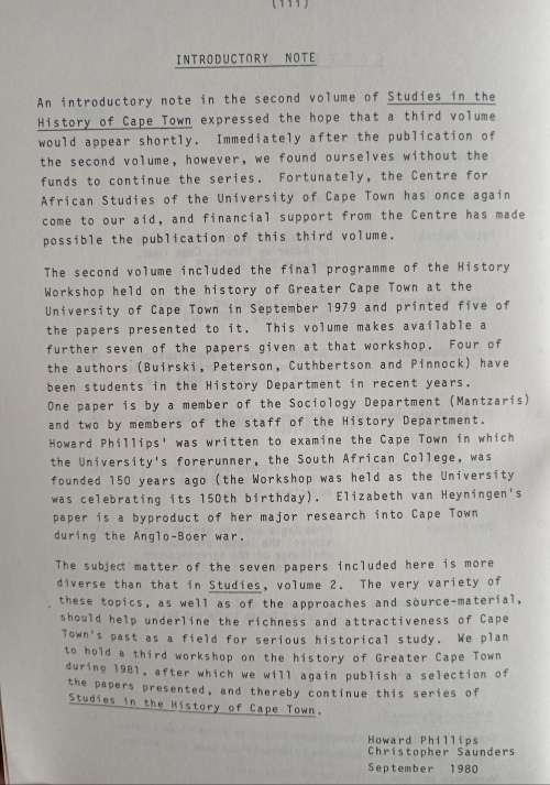 Studies in the History of Cape Town Vol.3 - Edited by Christopher Saunders & Howard Phillips