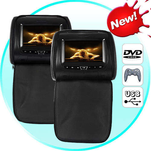 7 Inch Headrest Monitor DVD Player + Gaming System (Black Pair) - C99