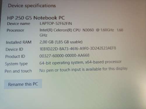 HP 250 G5 Intel Celeron CPU N3060