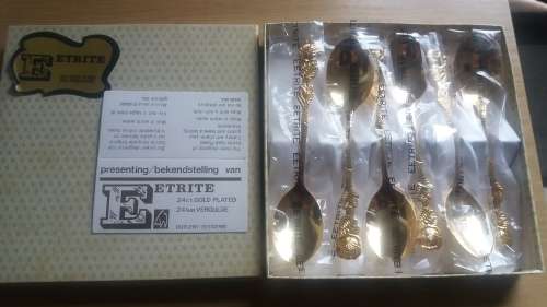 EETRITE 24 ct GOLD PLATED 6 PCE TEASPOON SET. NEVER USED STILL IN ORIGINAL PACKING.