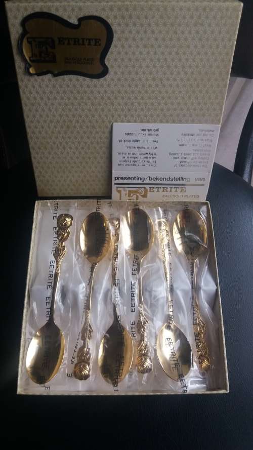 EETRITE 24 ct GOLD PLATED 6 PCE TEASPOON SET. NEVER USED STILL IN ORIGINAL PACKING.