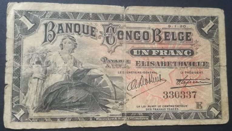 Belgium Congo 1 Franc 1920  note # 330337  - p3  (Scarcer ELISABETHVILLE issue)