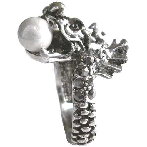 Dragon Ring in Tibetan Silver with Faux Pearl and Rhinestone 18mm (inner measurement)