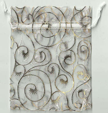 * 100.0x125.0mm Metallic Gold on White Organza Bags SPIRAL FEATHER
