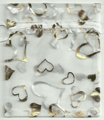 * 100.0x125.0mm Metallic Gold on White Organza Bags HEARTS
