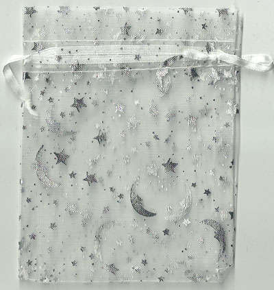 * 100.0x125.0mm Metallic Silver on White Organza Bags MOON & STARS - Incomparable Pricing!