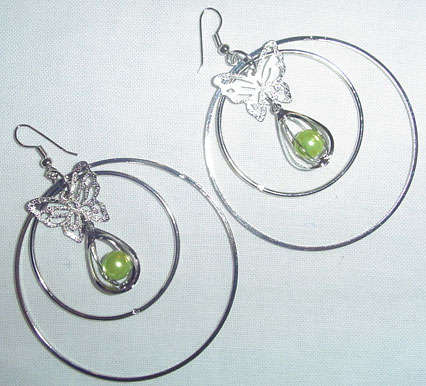 * Hoop & Charm Dangle Earrings in Green/Silvertone