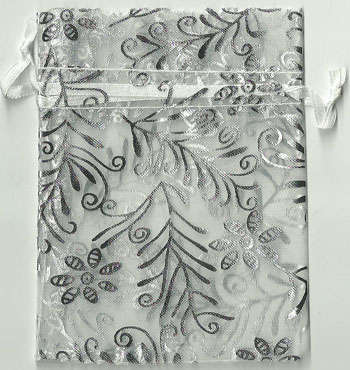 * 90x115mm Metallic Silver on White Organza Bags FLORAL