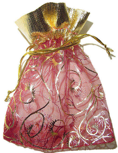 Valentine: 120 x 90cm Blood Red & Metallic Gold Feather Design Organza Bag (Pack of 10)