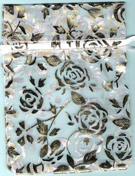 Av. 120x100mm White Organza Bags with Metallic Gold Rose Detail - Pack of 10