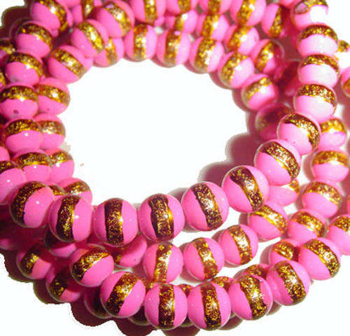 8mm Pink/Gold Pinstriped Round Glass Bead