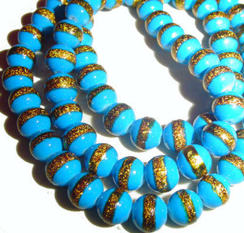 8mm Lt Blue/Gold Pinstriped Round Glass Bead