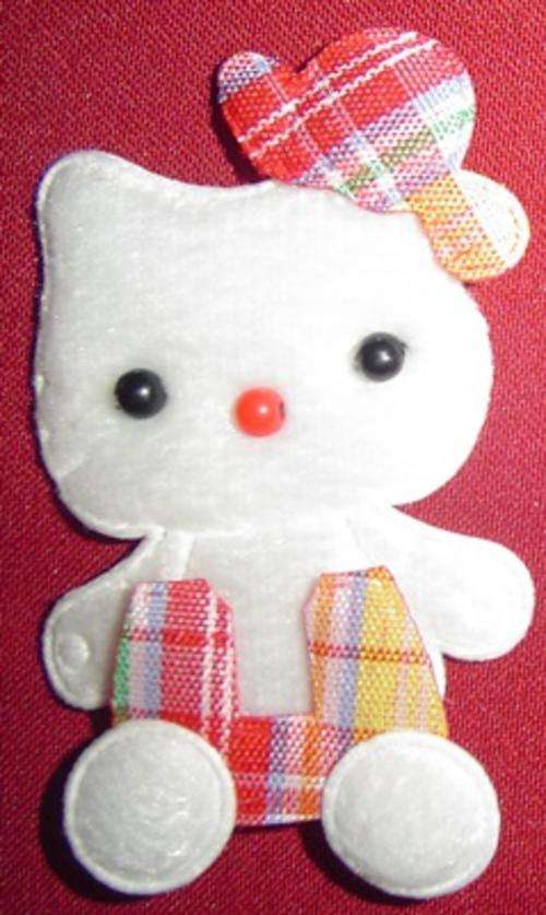 Fabric Embellishment - 64mm Cute Fluffy White Kitty in Red Tartan