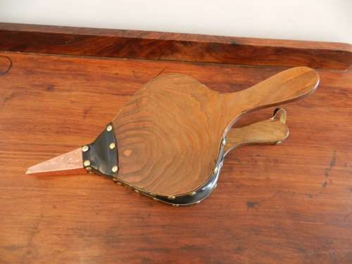 Fire bellows, wood with red copper end spout and brass tacks