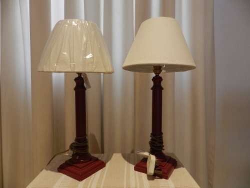 Bedside Lamps (Set of 2x) A wooden stand painted Maroon with an Off White Bull Linen round shade