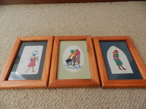 Picture Frames: Set of 3x Wooden frame African embroidered tribal costumes behind glass