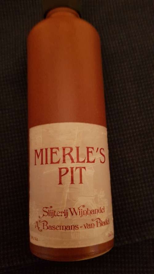 Collectable Stone Bottle (empty) with stopper.  Label  Mierles Pit, Shorter bottle  colour brown.