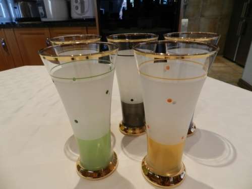 Vintage Hand Painted Frosted Glass Tumblers with Gold Rim. Circa 1960s.