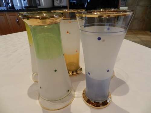 Vintage Hand Painted Frosted Glass Tumblers with Gold Rim. Circa 1960s.