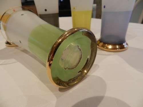 Vintage Hand Painted Frosted Glass Tumblers with Gold Rim. Circa 1960s.