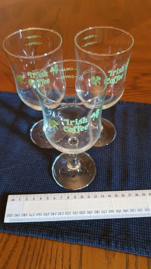 Glasses: Set of 3x Irish Coffee glasses Marked Irish Coffee in green lettering