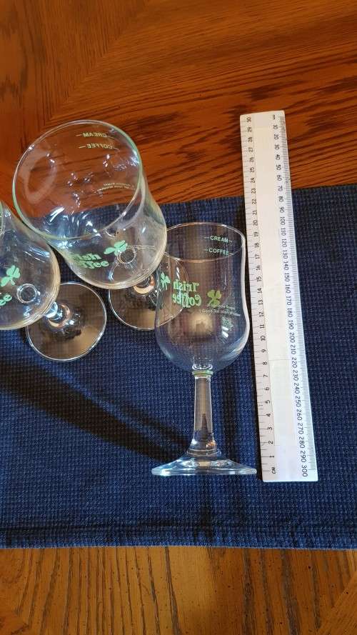 Glasses: Set of 3x Irish Coffee glasses Marked Irish Coffee in green lettering