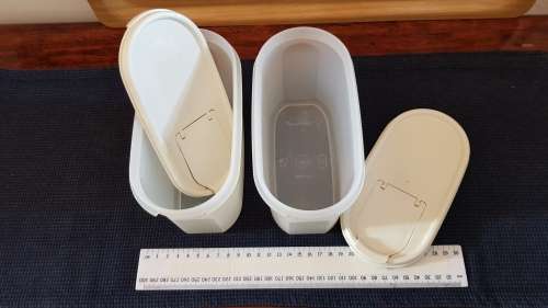 Vintage Tupperware canister storage.  2x Oval canisters (colourless/see through) with secure lid.