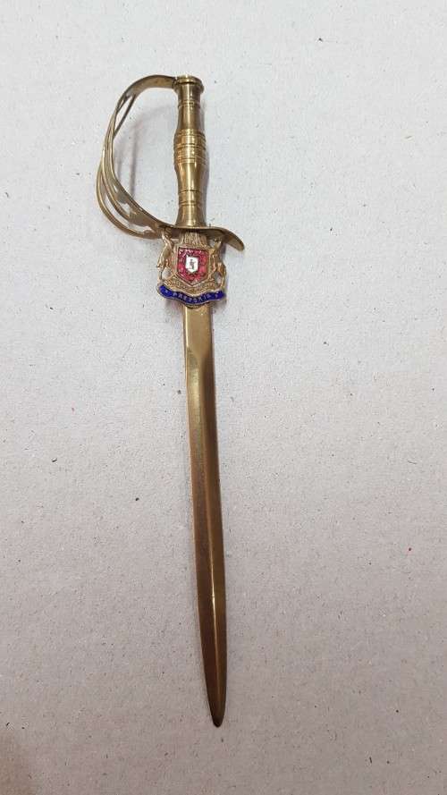 Vintage Brass Ornament:  Brass sword shaped letter opener with Town weapon PRETORIA.