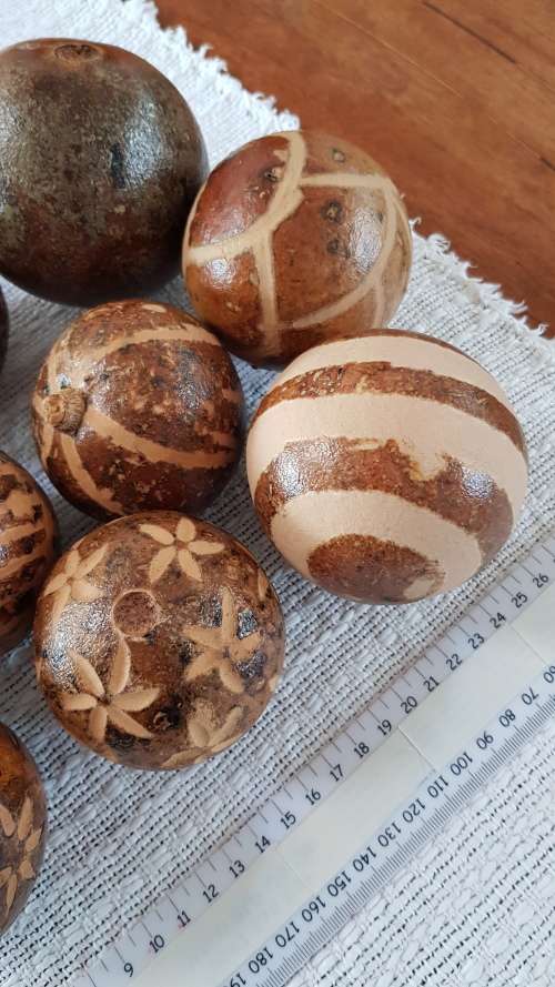 African curios:  Set of 11x Monkey apples.  2x are plain and 9x have various carved designs.