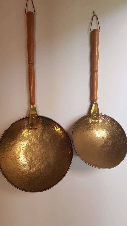 Vintage Set of 2x Handmade Brass and copper pans with long wooden handles.