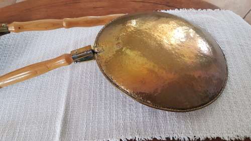 Vintage Set of 2x Handmade Brass and copper pans with long wooden handles.