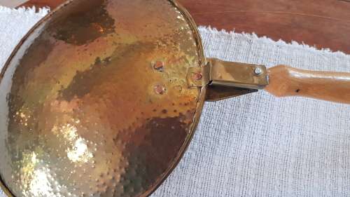 Vintage Set of 2x Handmade Brass and copper pans with long wooden handles.