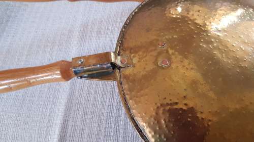 Vintage Set of 2x Handmade Brass and copper pans with long wooden handles.
