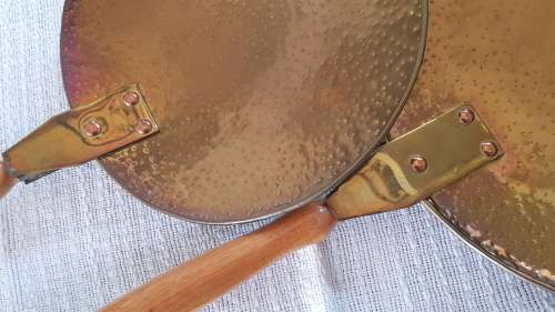 Vintage Set of 2x Handmade Brass and copper pans with long wooden handles.