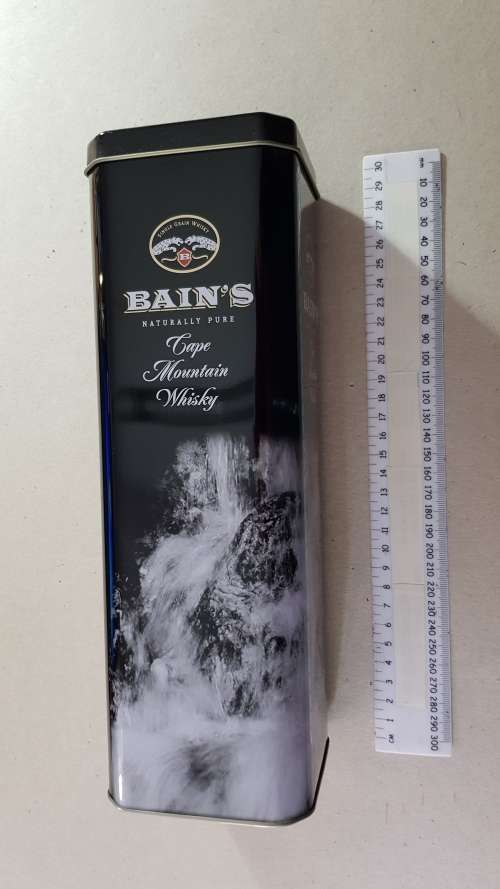 Empty gift Tin.  Bains Whisky Tin container.  Bains Cape Mountain Whisky.