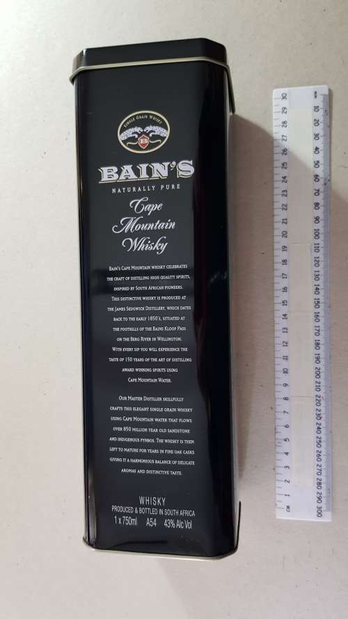 Empty gift Tin.  Bains Whisky Tin container.  Bains Cape Mountain Whisky.