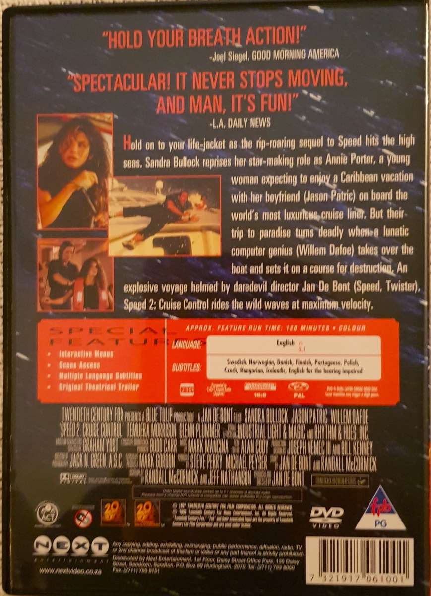 DVD Movie  Speed 2 Cruise Control  Sandra Bullock  Suspense - PG.