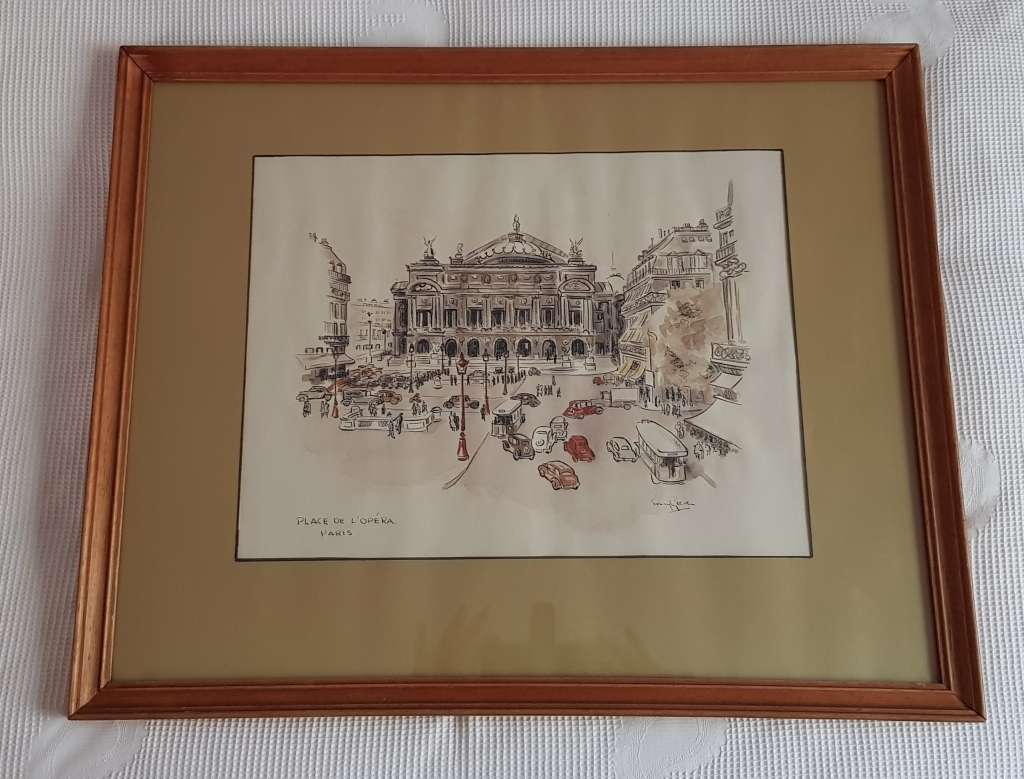 Vintage Picture: Wooden frame with ink and watercolour drawing of Place de LÓpera Paris by T. Geeven