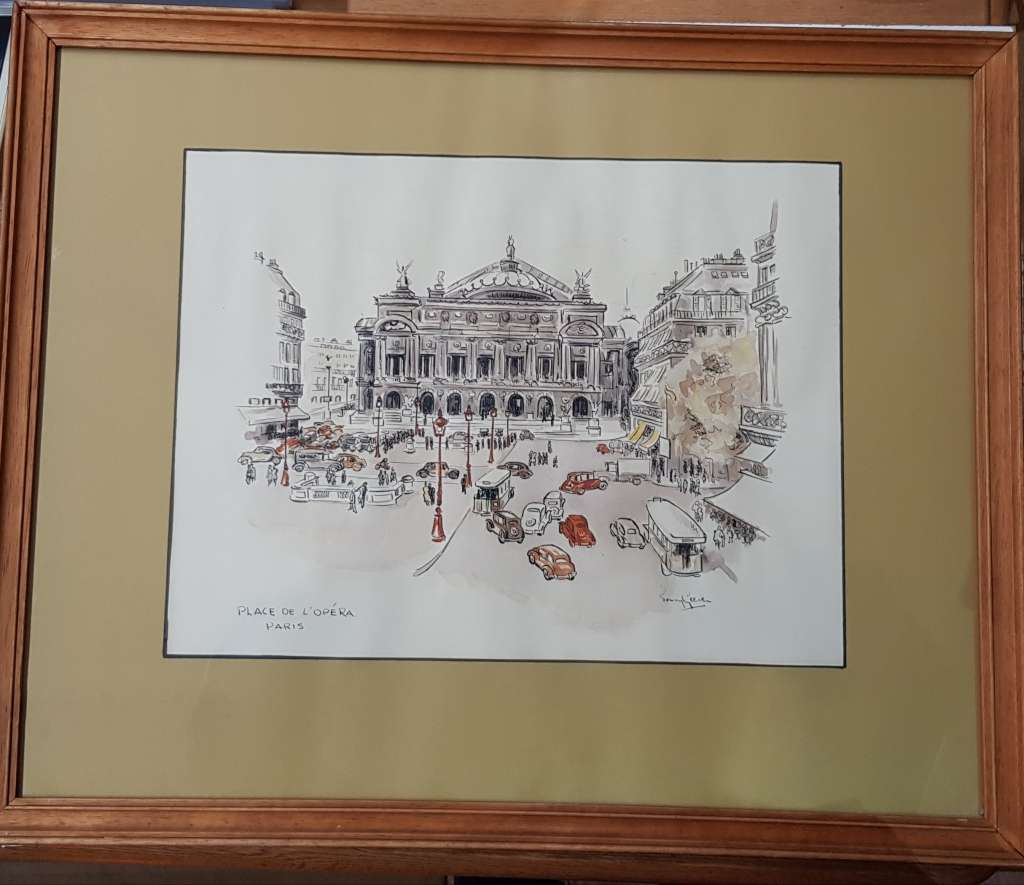 Vintage Picture: Wooden frame with ink and watercolour drawing of Place de LÓpera Paris by T. Geeven