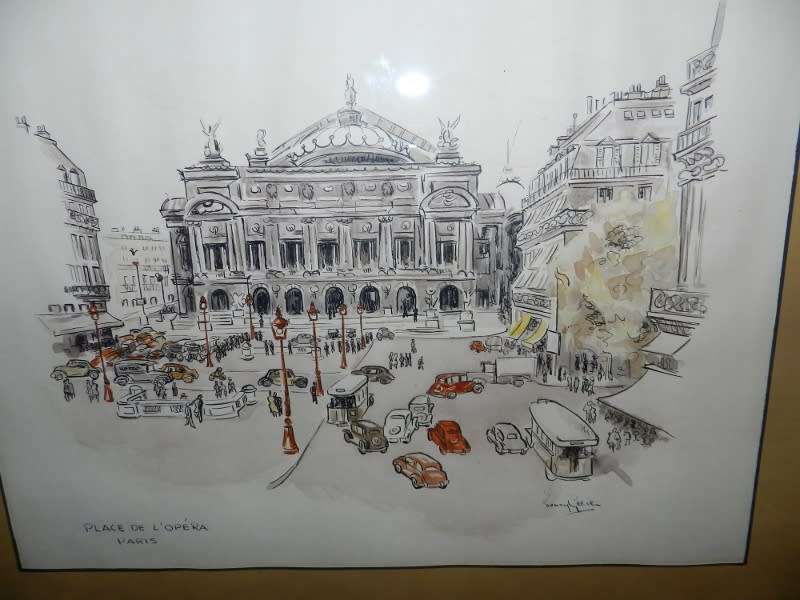 Vintage Picture: Wooden frame with ink and watercolour drawing of Place de LÓpera Paris by T. Geeven