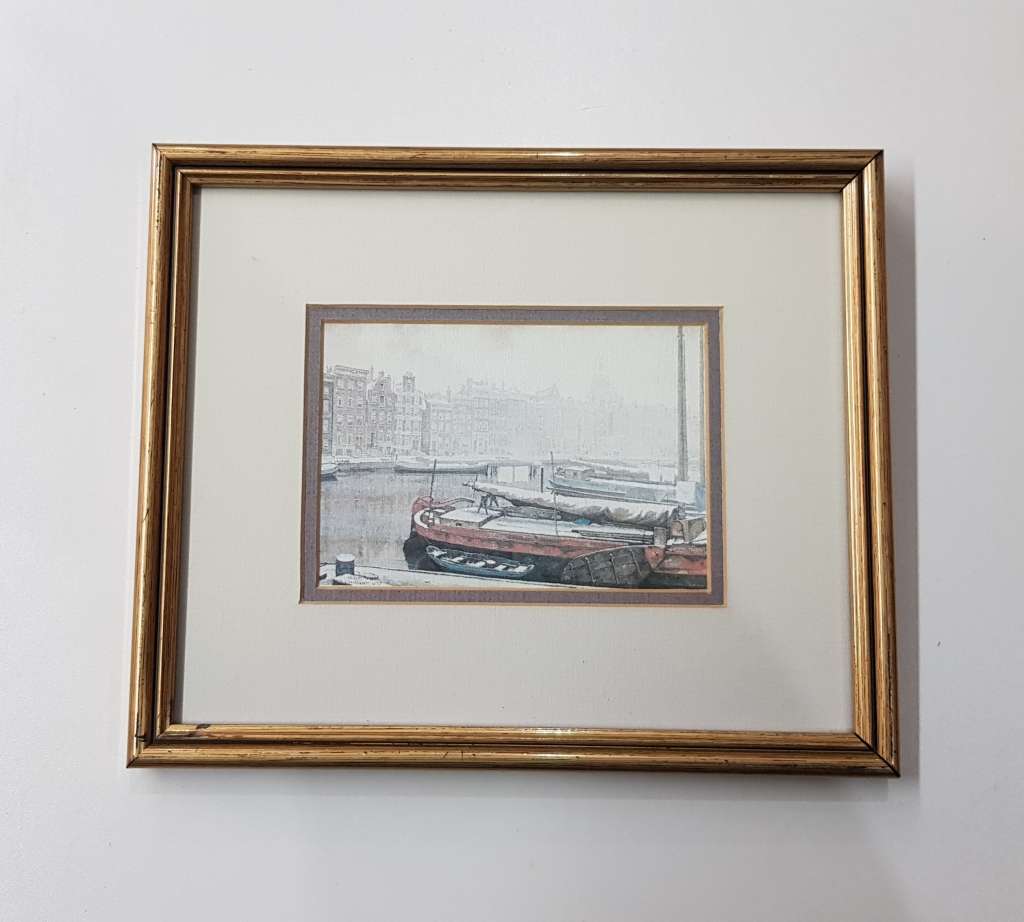 Wooden Picture Frame behind glass: Print of Vintage Dutch harbour scene by Anton Pieck.