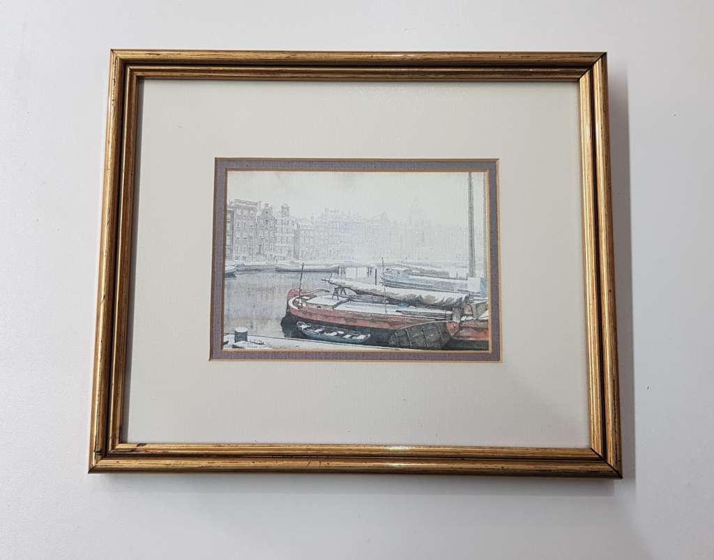 Wooden Picture Frame behind glass: Print of Vintage Dutch harbour scene by Anton Pieck.