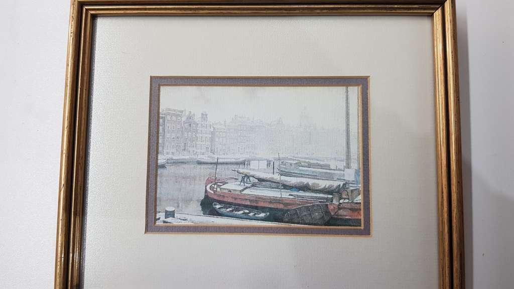 Wooden Picture Frame behind glass: Print of Vintage Dutch harbour scene by Anton Pieck.