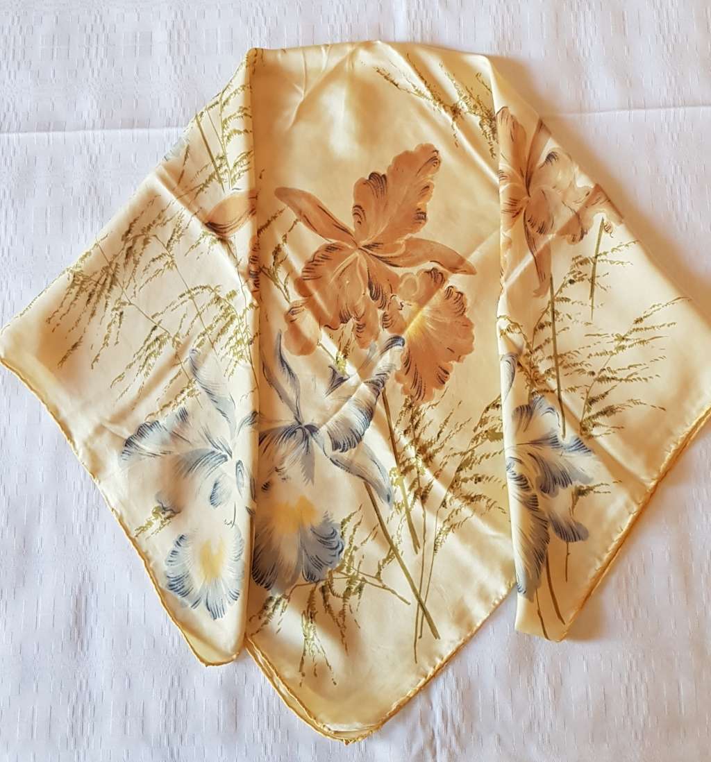 Vintage collectable Ladies scarf.  Classic pure silk square scarf with Floral blue and beige design