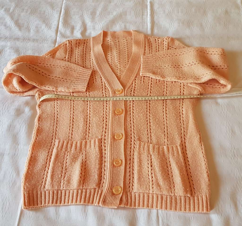 Ladies Peach Cardigan  Decorative stitch with five buttons. Machine knitted.