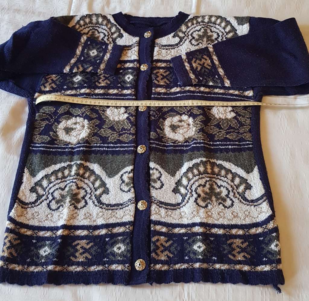 Ladies Blue Cardigan  Blue background with white/beige and green pattern and decorative five button