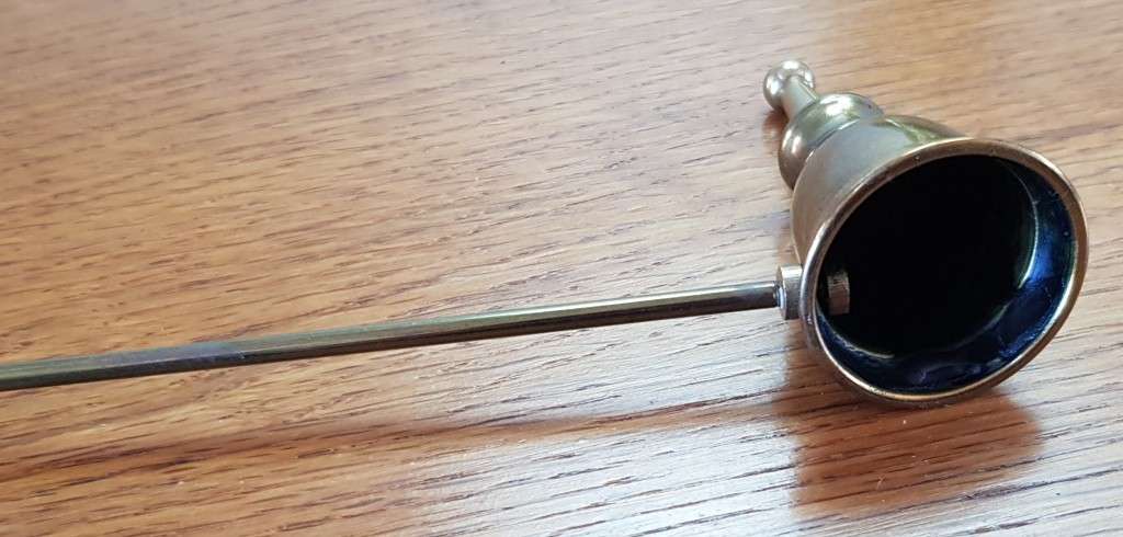 Antique Brass Ornament:  Dutch Brass bell like Candle Snuffer with handle.