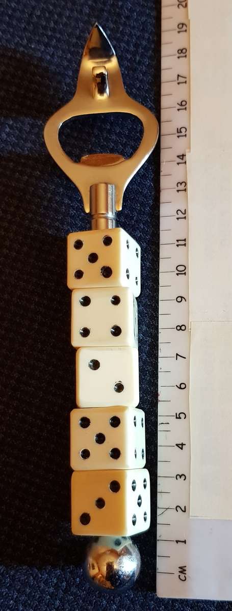 Vintage  Chrome Bar Tool/Game bottle opener with five removable dice on handle.