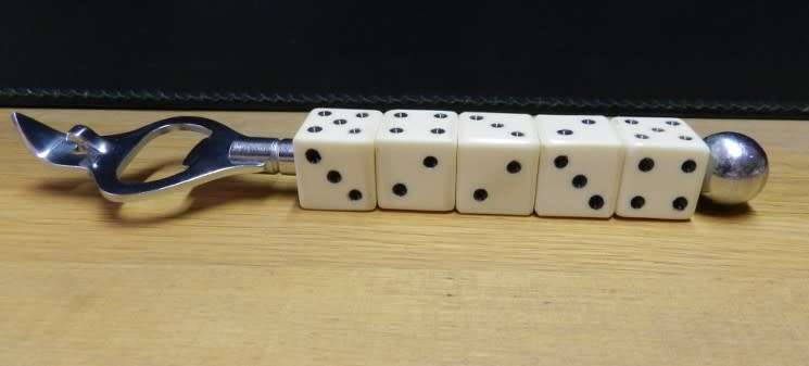 Vintage  Chrome Bar Tool/Game bottle opener with five removable dice on handle.